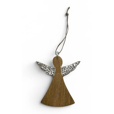 HOLIDAY TIME 4.5 Inch Wooden Angel Christmas Ornament, 97% Wood & 3% Aluminium Hanging Decor