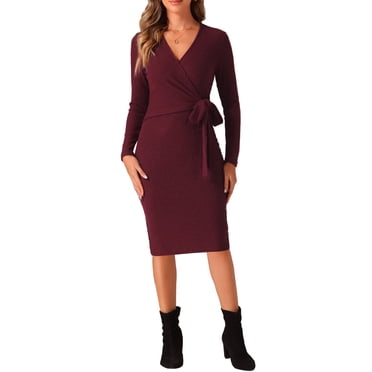 INSPIRE CHIC Women's Wrap V Neck Dress Long Sleeve Tie Waist Casual Fall Midi Dresses Burgundy XL