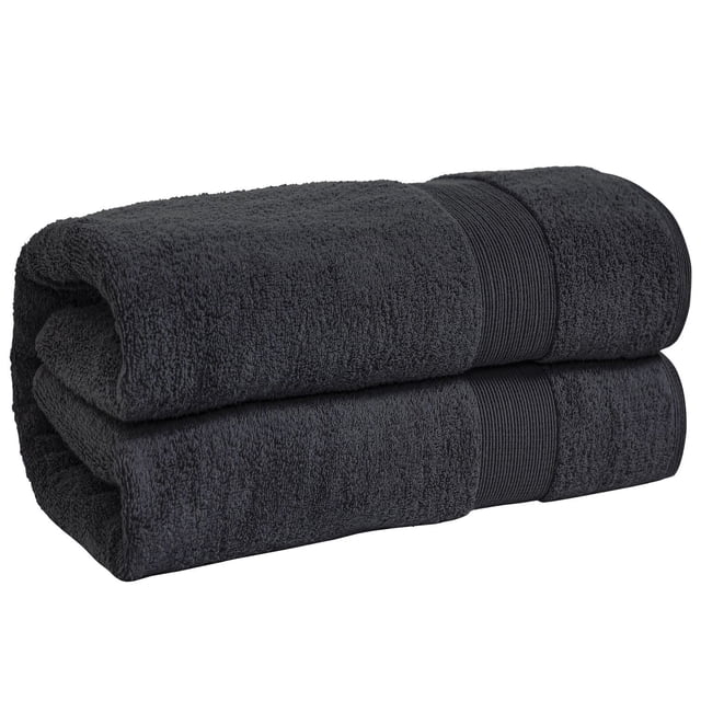 Fabstyles Oversized Premium Bath Sheet in grey, folded to show thick, absorbent 100% cotton fabric with a ribbed band, measuring 40 by 80 inches, featuring a hanging loop, suitable for bathroom use and quick drying after showers.