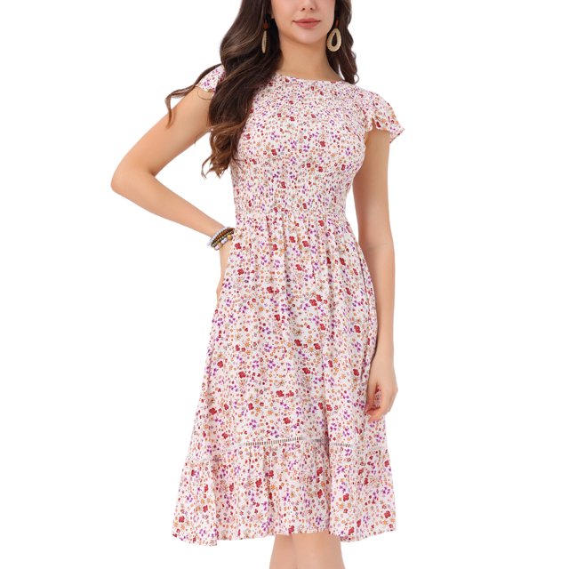 INSPIRE CHIC Robes pour Femmes Manches Courtes Smockées Florales Été Midi Robe d'Été S Blanc