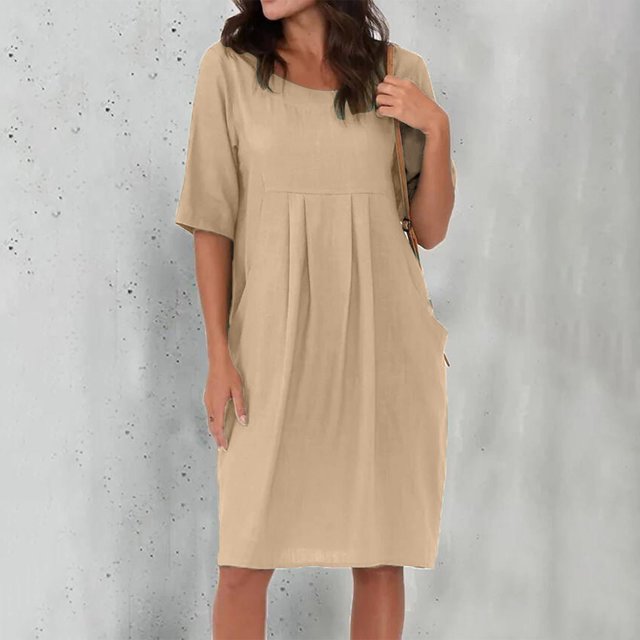Robes en Coton et Lin Grande Taille pour Femmes à Manches Courtes d'Été, Robe Midi Plissée avec Poches