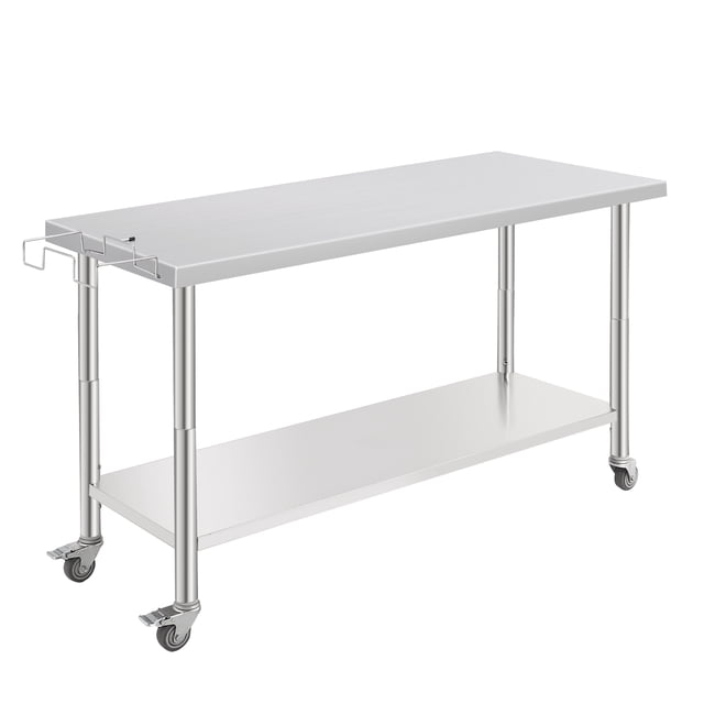 NSF Stainless Steel Work Table - 60x24x35 Inch - Adjustable Undershelf, Removable Waste Rack, Tool Hooks, With Casters, Straight Edge, No Backstop, For Kitchen & Home