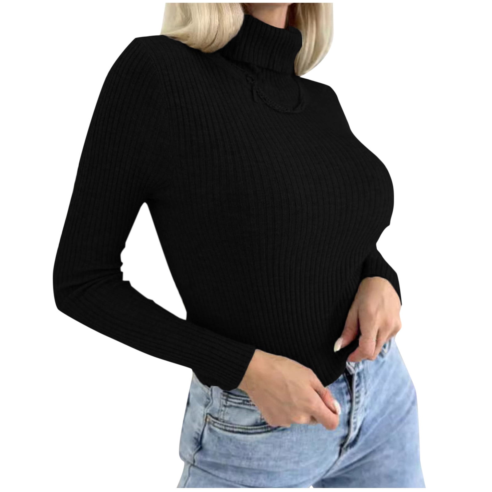 Dagegui Chandails à Col Roulé pour Femmes, Tricot Côtelé, Manches Longues, Chandail Extensible Ajusté, Hauts d'Automne Noirs, P