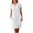 thumbnail image 1 of Robe Blanche à Boutons pour Femmes Été Automne Manches Courtes Col Ras du Cou Faux Gaze Lin Midi Longueur Genou Basique Robes Femmes 2025 Vêtements Doux Confortables Concert Country TG, 1 of 4