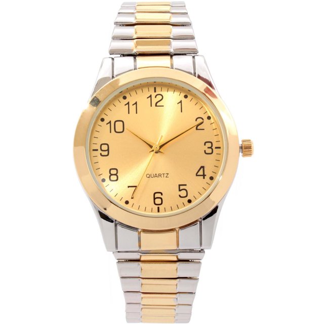 George Montre pour Homme à Deux Tons avec Cadran de 35 mm Ton Or et Chiffres Noirs Complets, Bracelet à Deux Tons en Acier Inoxydable à Expansion, Mouvement à quartz de Précision, Largeur de Bracelet de 19 mm et Batterie Longue Durée Incluse, Idéale pour un Port Quotidien Confortable.