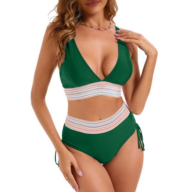 YUTK Plus Size High-Waisted Bikini Sets - Women's Bikini High Waisted Split Color Suit with Drawstring Gathered Abdominal Swimsuit Army Green M