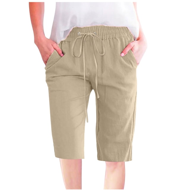 Timegard Womens Plus Size Shorts Elastic Waisted Drawstring Lightweight Casual Knee Length Shorts with Pockets