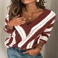 thumbnail image 2 of Women V-Neck Long Sleeve Knit Pullover Tops Striped Sweaters Khaki S, 2 of 3
