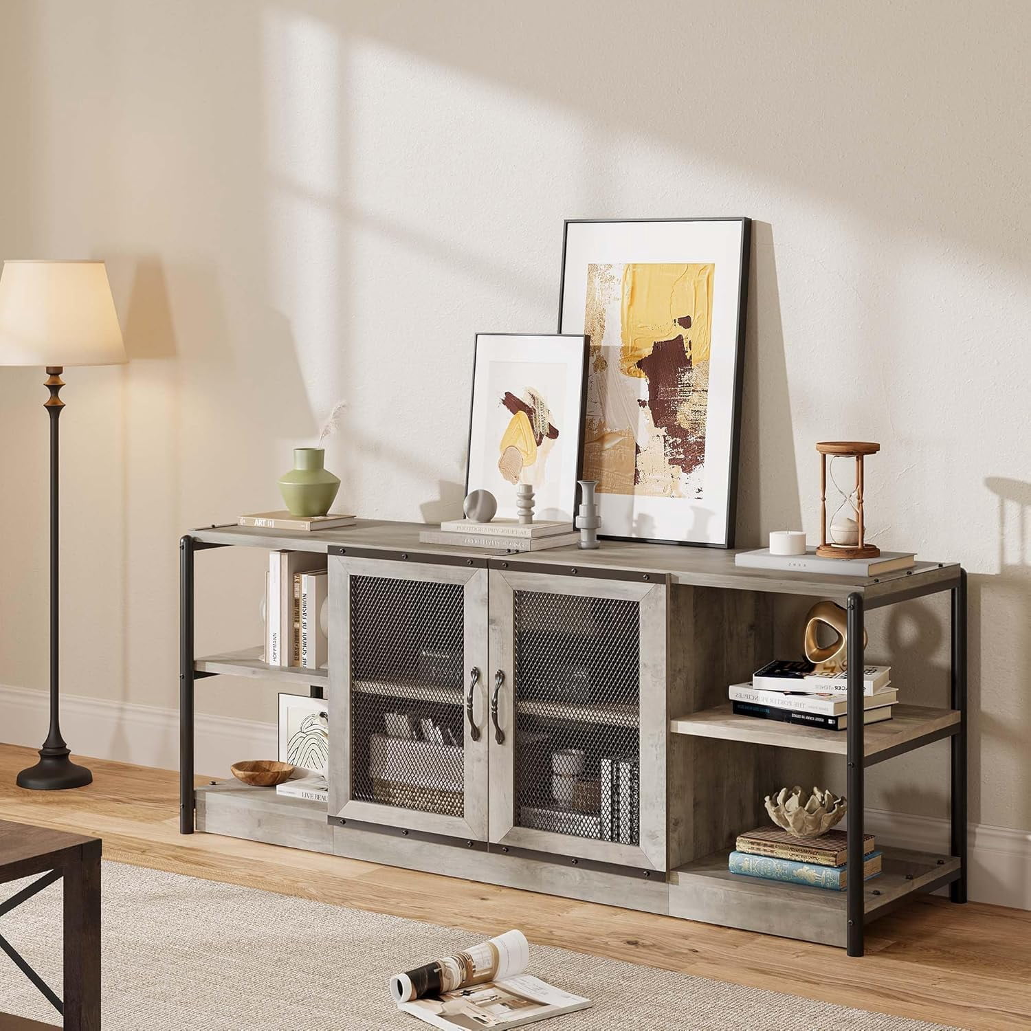 AKDSteel TV Stand for 65+ Inch TV, Industrial Entertainment Center TV Media Console Table, Farmhouse TV Stand with Storage, Mesh Door and Shelves, Gray TV Console Cabinet Furniture for Living Room