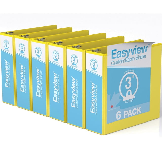 Davis Group Easyview Premium round ring customizable view binder 6 pack with 3-inch rings, yellow binders with clear overlay on front cover, spine, and back, made from durable PVC-free polypropylene and recycled board, made in Canada, suitable for presentations, manuals, and reports.