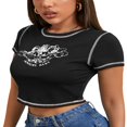 thumbnail image 4 of Women Angel Print T-Shirts Short Sleeve  Neck Contrast Stitch Crop Tops, 4 of 7
