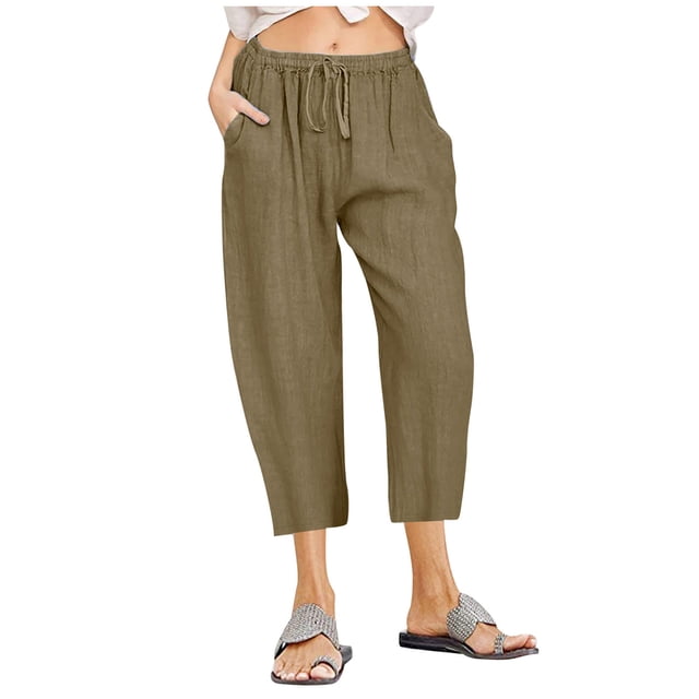 Pantalons Larges pour Femmes Décontractés en Coton Lin avec Cordon de Serrage Taille Élastique Pantalons Courts Larges pour Femmes