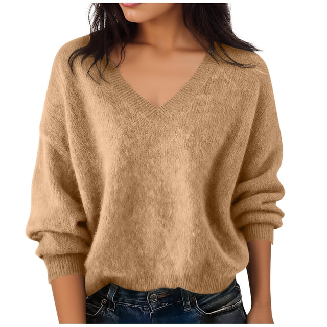 BLVB Chandails Chauds pour Femmes Col en V Classique Doux Chandail Confortable Ample Décontracté Manches Longues Automne Hiver