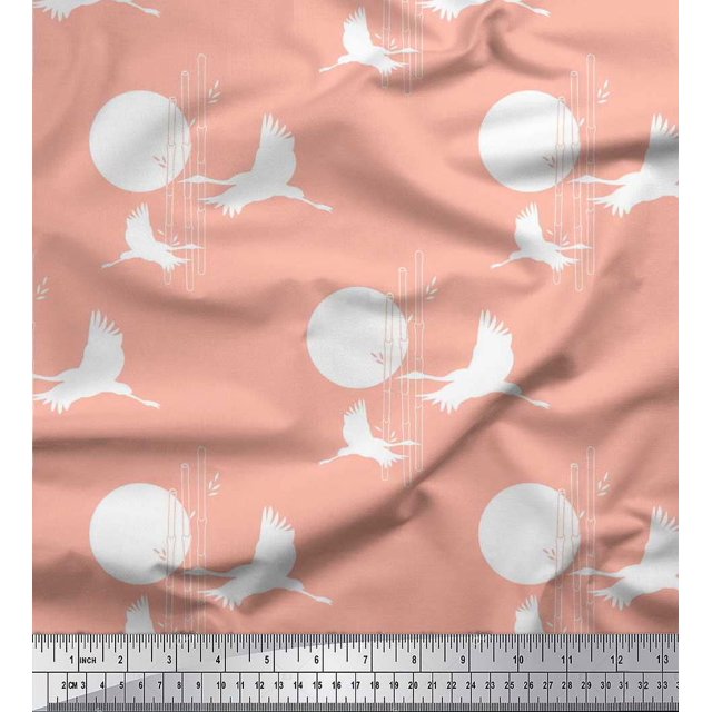 Soimoi Georgette Viscose Fabric Bamboo Tree,Moon & Stork Bird Printed Craft Fabric by The Yard 42 Inch Wide