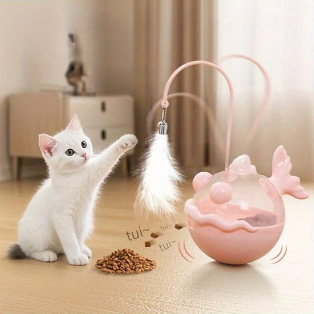 EIMELI 1pc Cat Toy Self-Entertainment Device Interactive Teaser Wand with Treat Dispenser 360° Rotating Design for Endless Fun – Artificial Feathers & Bells to Attract Your Cat‘s Att