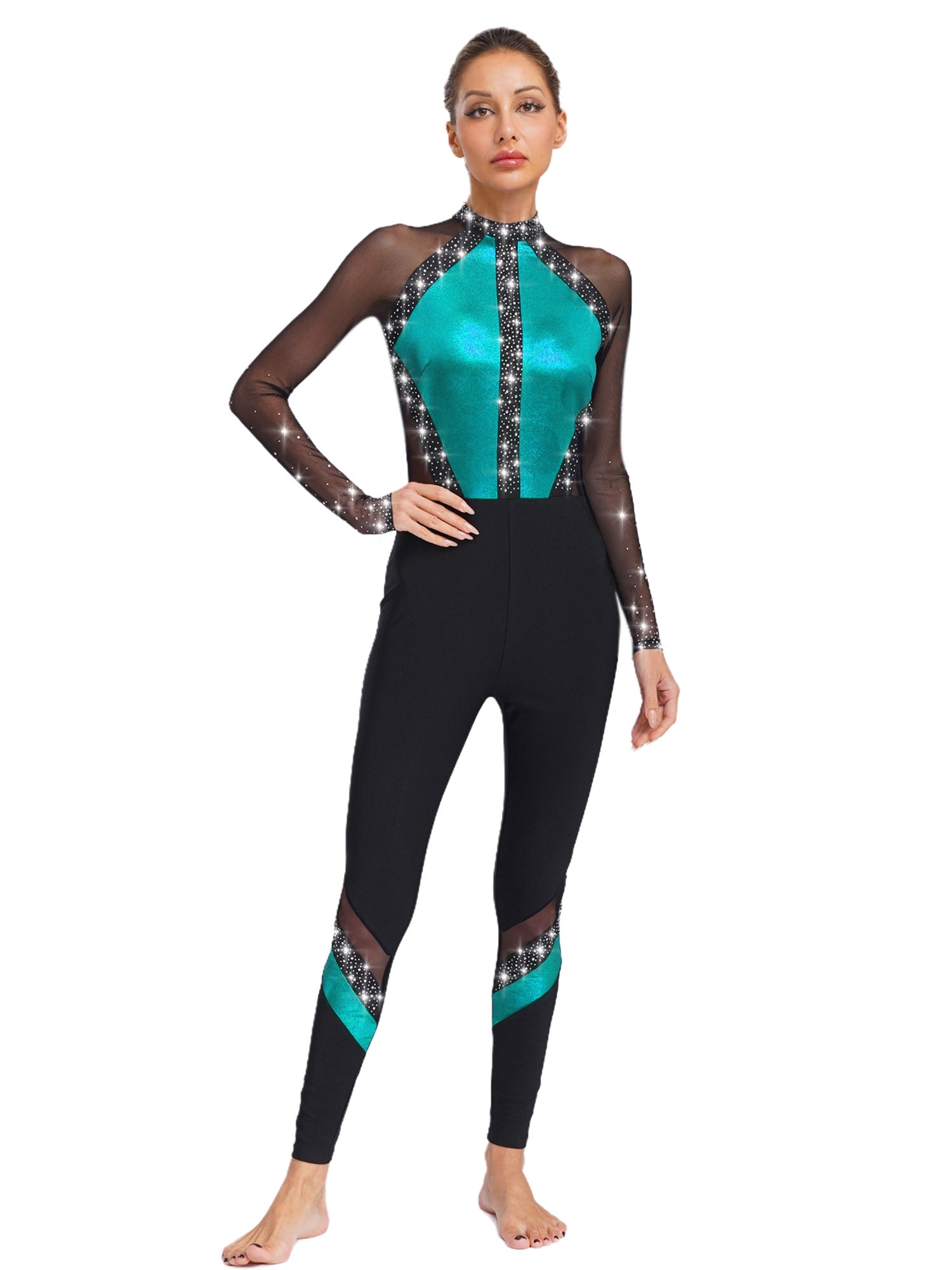 Jizyo Women's Long Sleeve Dance Unitard Shiny Rhinestone Full Body Suits One Piece Jumpsuits Light Blue S