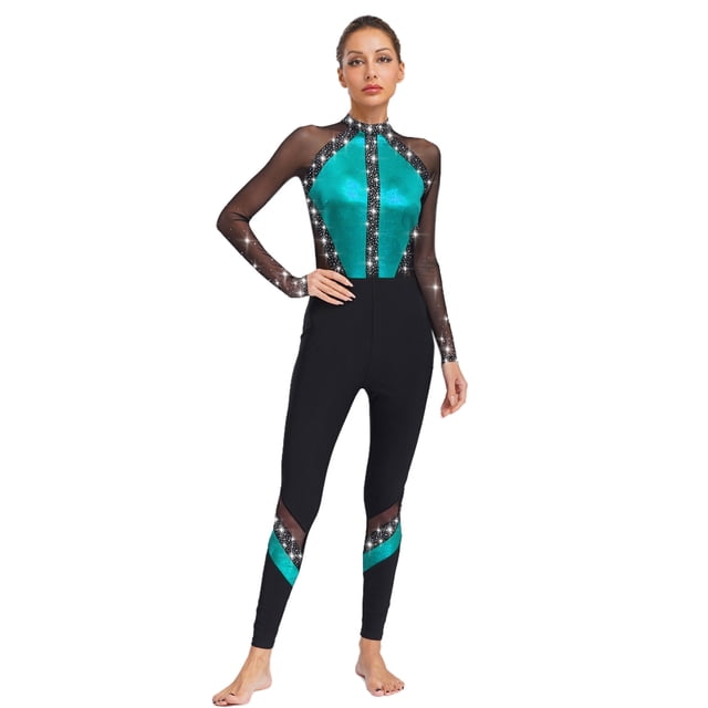 Jizyo Women's Long Sleeve Dance Unitard Shiny Rhinestone Full Body Suits One Piece Jumpsuits Light Blue XXL