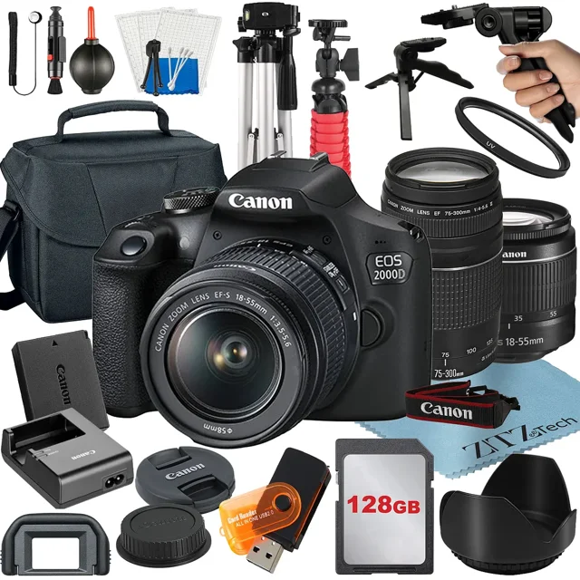 Canon EOS 2000D / Rebel T7 DSLR Camera Bundle with 18-55mm + 75-300mm Lens + 128GB Card + Case + Tripod + ZeeTech Accessory