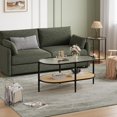thumbnail image 4 of EastVita 2-Tier Rattan Coffee Table,Boho Oval Coffe Table with TempeRed Glass Top,Farmhouse Water-Wave Glass Metal Tea Center Tables Storage Shelf Decor for Living Room Office Home - Black, 4 of 8