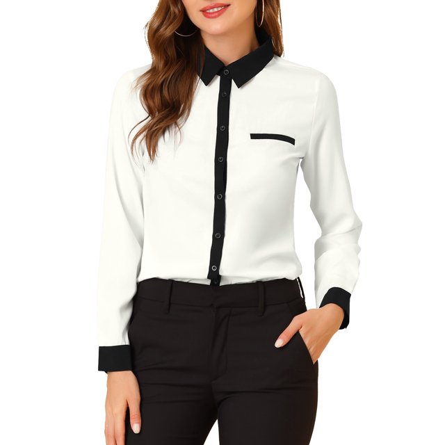 INSPIRE CHIC Women's Color Block Button Down Long Sleeve Work Shirt M White