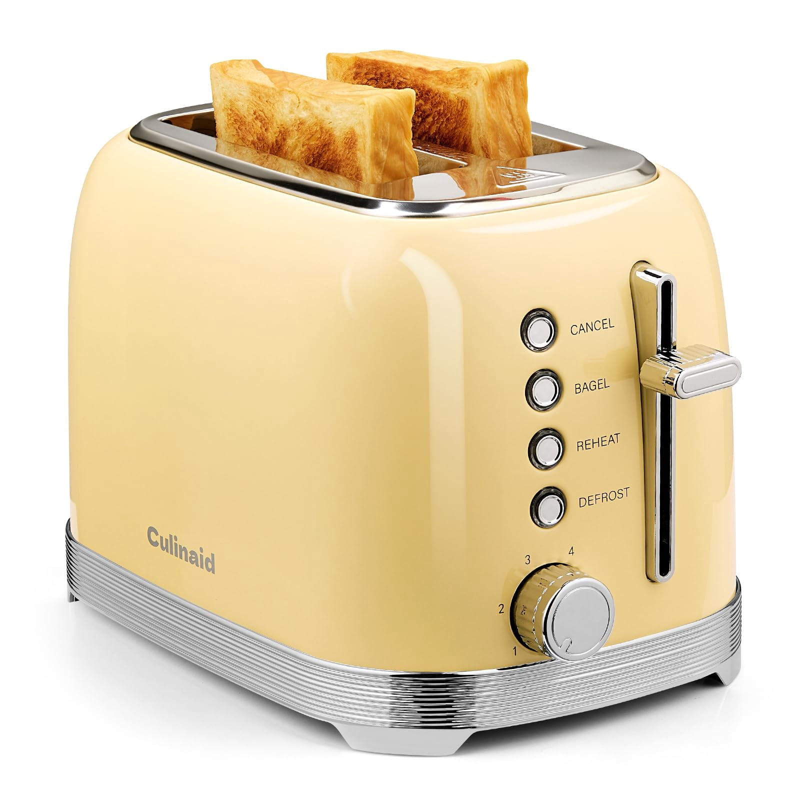 Culinaid Toaster 2 Slice Retro Stainless Steel with 1.5 Extra Wide Slots Bagel, Defrost, Reheat, Cancel Functions, 6 Bread Shade Settings, Removable Crumb Tray, Yellow