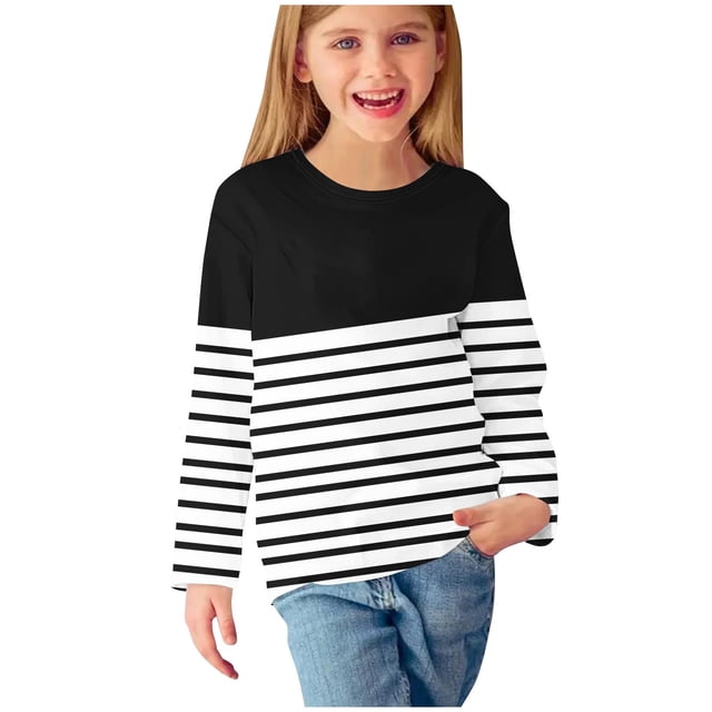 MeetoTime Chemises à Manches Longues pour Filles, Col Rond Rayé Imprimé, Blouses Décontractées et Élégantes, Pull pour Enfants 3-14 Ans
