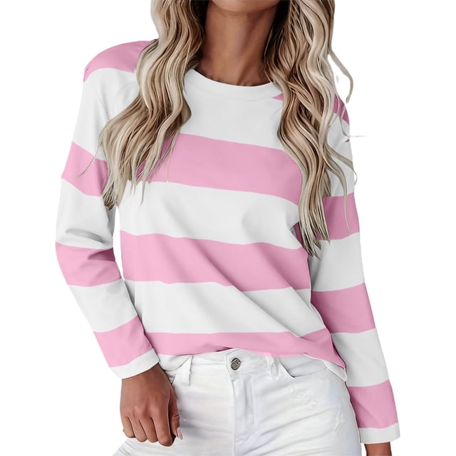 ManxiVoo T-Shirt à Manches Longues à Rayures Imprimées pour Femme Col Ras du Cou Confortable d'Automne T-Shirt Graphique Blouse Légère Taille TTTTG Rose