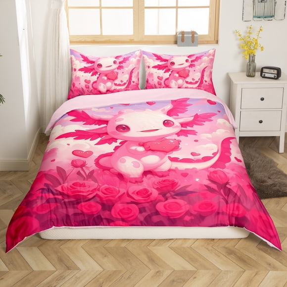 Erosebridal Cute Axolotl Duvet Cover, Kawaii Heart Rose Bedding Twin Size, Kids Girls Room Decor, 2pcs (No Comforter)