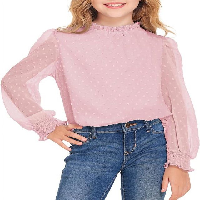 Pull-Over Blanc à Manches Longues pour Filles avec Manches à Volants Pois Suisses Haut Blouse Col Rond 5-12 Ans