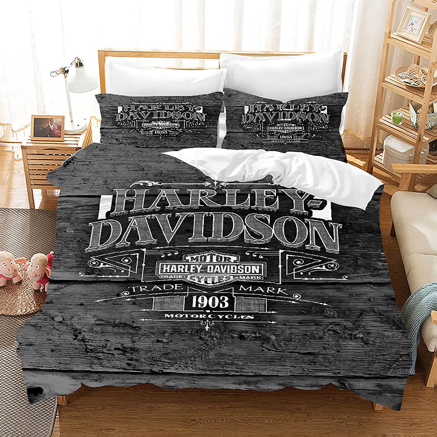 LAICAIW Harley Davidson Bedding Sets Duvet Cover Sets Motorcycle Club Theme 3D Printing Duvet Cover Set with 2 Pillowcases (Twin:68x86in,Black)