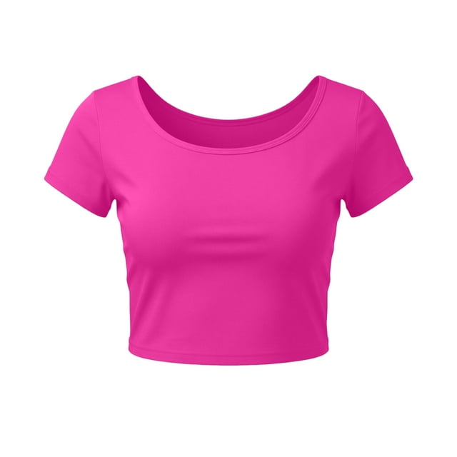 VSSSJ Crop Tops pour Femmes Manches Courtes Col Rond Extensible Chemise Décontractée Ajustée Solide Confortable Été Basique T-Shirts Courts Rose Vif Taille Unique