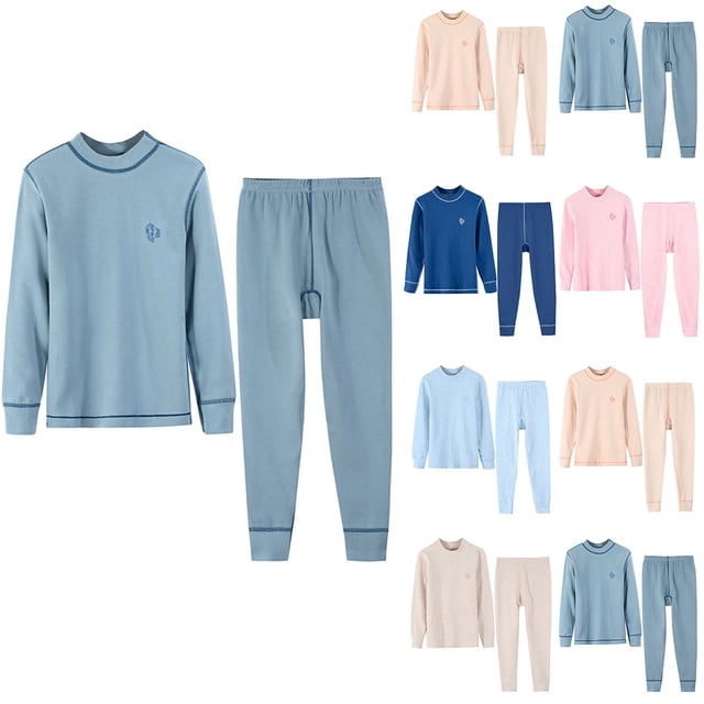 WRKEKC Boys and Girls Cotton-Blend Thermal Set 2-16Y Color-Block Trim Crew Neck Top & Pants Soft Stretch Winter Base Layer
