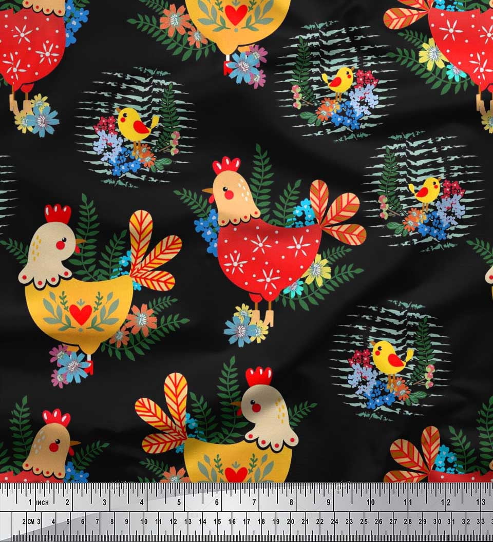 Soimoi Silk Fabric Floral,Chick & Cock Cartoon Print Fabric by Yard 42 Inch Wide
