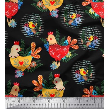 Soimoi Rayon Fabric Floral,Chick & Cock Cartoon Fabric Prints by Yard 56 Inch Wide