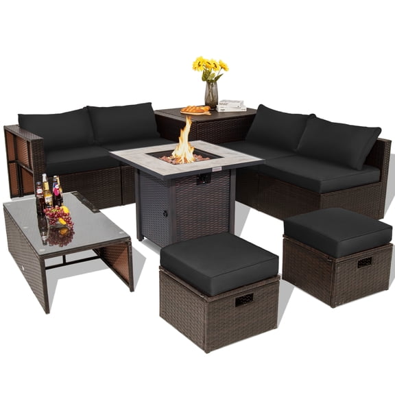 Topbuy Ensemble de 9 Pcs de Meubles de Patio Extérieur avec Table de Foyer au Propane de 30 Pouces, Ensemble de Canapé Sectionnel d'Extérieur en Osier PE Gain de Place avec Coffre de Rangement et Coussins Noir
