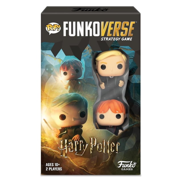 Funkoverse Strategy Game Harry Potter Expandalone 2-Figure Pack featuring exclusive Pop! figures of Draco Malfoy and Ron Weasley in original retail packaging with fantasy forest background, designed for 2 players ages 10 and up.