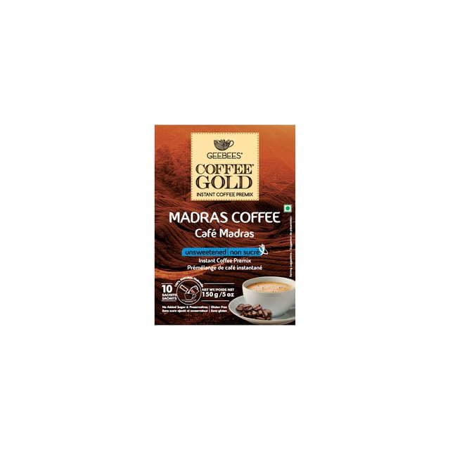 GEEBEES Non Sucré Madras Instant Coffee, 5 oz. l'Emballage Présente un Fond Brun Riche avec le logo GEEBEES Coffee Gold en Haut. Il Met en Valeur le Produit comme un Prémélange de Instant Coffee Non Sucré, Sans Gluten, Sans Sucre Ajouté Ni Agents de Conservation. l'Avant Affiche Aussi une Tasse de Café à la Vapeur aux Côté des Grains de Café, Soulignant Sa Saveur Naturelle. l'Emballage Contient 10 sachets, d'Un Poids net de 150 g (5 oz).
