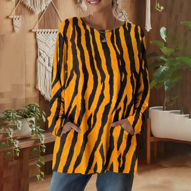 Jacenvly Liquidation Haut pour Femme à Imprimé à la Mode à Manches Longues à Col Rond Décontracté Ample avec Poches