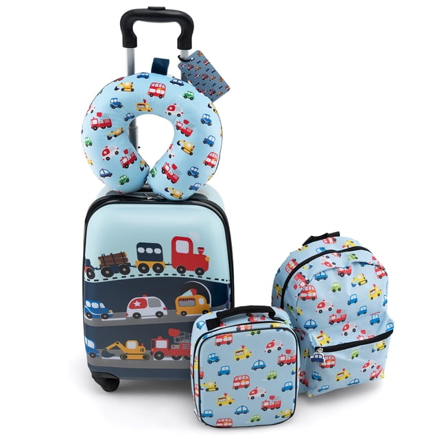Costway 5 PCS Kids Luggage Set with Backpack Neck Pillow Luggage Tag Lunch Bag Wheels Blue. This set includes a blue suitcase with a telescopic handle and four universal wheels, a matching backpack, a lunch bag with a waterproof interior, a soft neck pillow, and a luggage tag. All items feature a colorful vehicle pattern. The suitcase and backpack offer spacious compartments for organized packing, while the lunch bag keeps food fresh. Made from durable ABS, PC, and polyester materials, this set is ideal for kids aged 3 and up, ensuring convenience and style for travel.