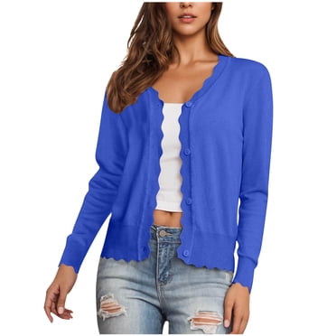 Lenpel Women's Cropped Casual Cardigans Soft V Neck Long Sleeve Button down Knitted Shrugs Lightweight Sweater Tops(Blue,Medium)