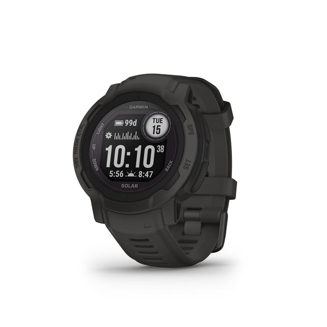 Garmin Instinct 2 Rugged GPS Smartwatch and Fitness Tracker with Solar Charging in black, shown at a 3/4 angle with a round monochrome display featuring time, date, battery life, and solar charge status, with a shock-resistant polymer case and silicone strap ideal for outdoor and fitness use.