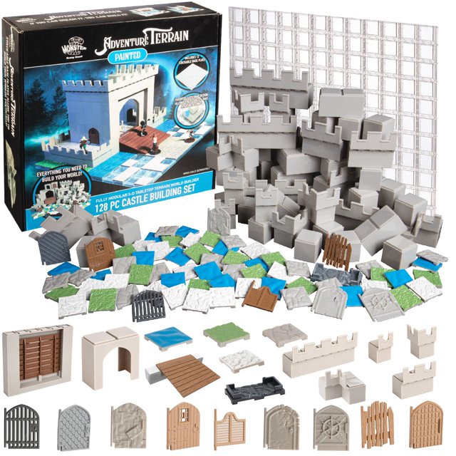 Monster Adventure Terrain- 128pc Painted Castle Expansion Set with Baseplate- Fully Modular and Stackable 3-D Tabletop World Builder Compatible with DND Dungeons Dragons, Pathfinder, and All RPG Game