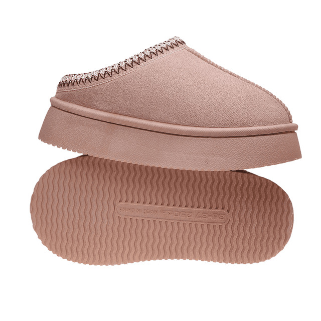 Women Platform Home Slippers Chunky Soft Sole Slip-On Winter Boots in camel faux suede with a sherpa-lined interior and decorative woven collar in red tones. These women's slippers feature a lightweight platform sole and slip-resistant foam outsole for indoor stability.