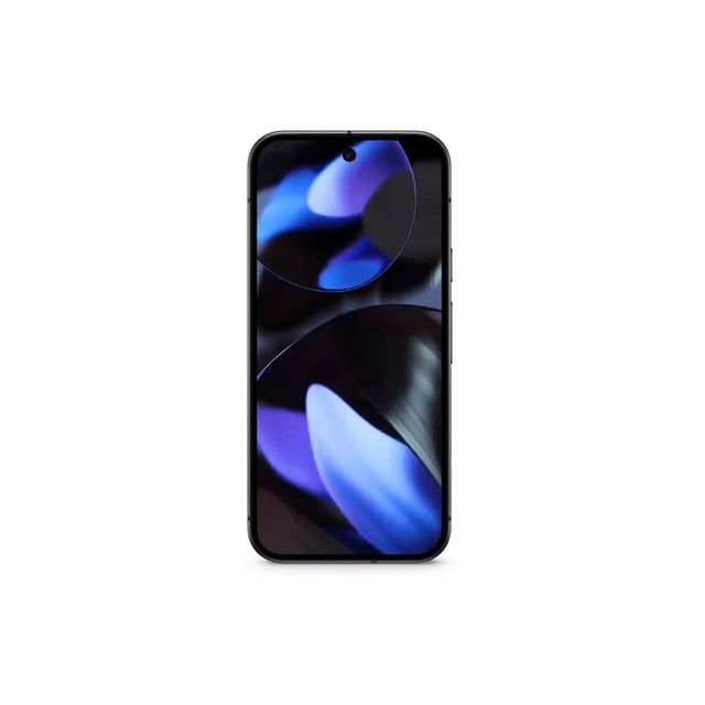 RF GOOGLE PIXEL 9 front-facing view with a 6.3-inch OLED display and centered punch-hole camera, featuring an obsidian frame and abstract blue and black wallpaper, an unlocked 5G smartphone with 128 GB storage suitable for high-performance mobile use.