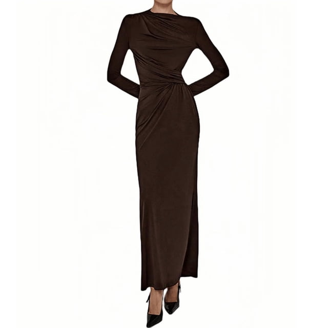 RXMEKW Asymmetrical Neck Maxi Dress for Women Long Sleeve Ruched-Waist Slim Fit Solid Color