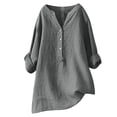 thumbnail image 1 of RKSTN Womens Tops Cotton and Linen V-Neck Long Sleeve Three Buttons Plus Size Tops Loose Fit Solid Color Basic Breathable Summer Tops Blouses, 1 of 5
