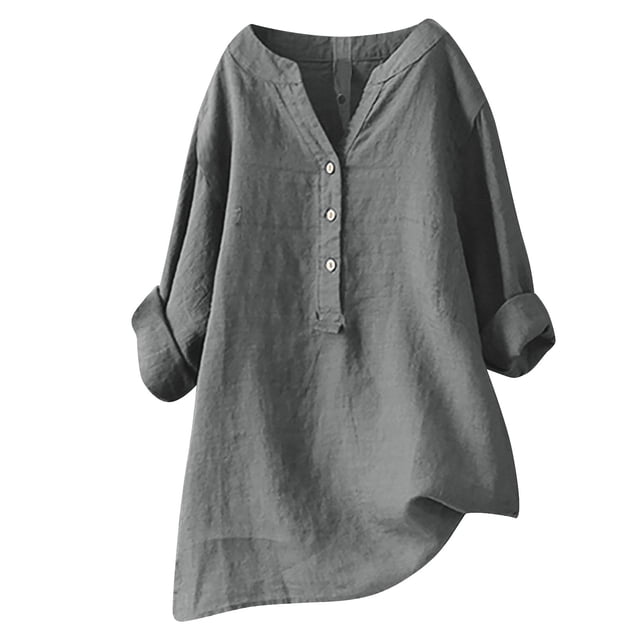 RKSTN Womens Tops Cotton and Linen V-Neck Long Sleeve Three Buttons Plus Size Tops Loose Fit Solid Color Basic Breathable Summer Tops Blouses