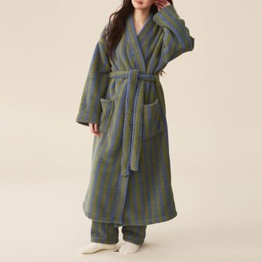 Tawop Robes D'éTé pour Femmes Ensemble de Pyjamas pour Femmes Pyjamas Long Peignoir Robe Dentelle Hiver Chaud Épais Peluche Molleton Rayé Nuisette Femme Vert m