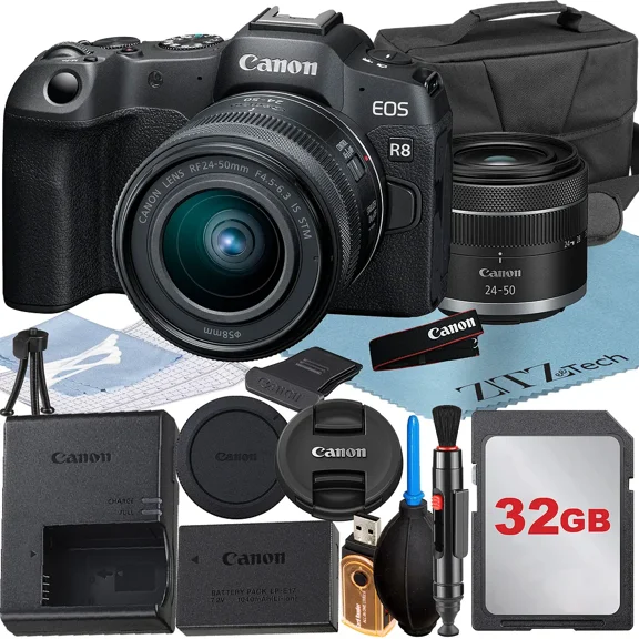 Canon EOS R8 Appareil Photo Sans Miroir avec Objectif RF 24-50mm + Carte Mémoire 32 Go + Étui + Flash LED + Ensemble d'Accessoires ZeeTech