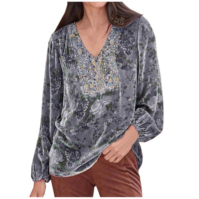 IROINID Reduced Womens Plus Size Tops Round-Neck Long Sleeve Print Lounge T-shirt Blouse,Gray